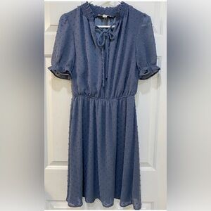 Women's Blue Swiss Dot Dress Knee Length Short Ruffle Sleeve Size M